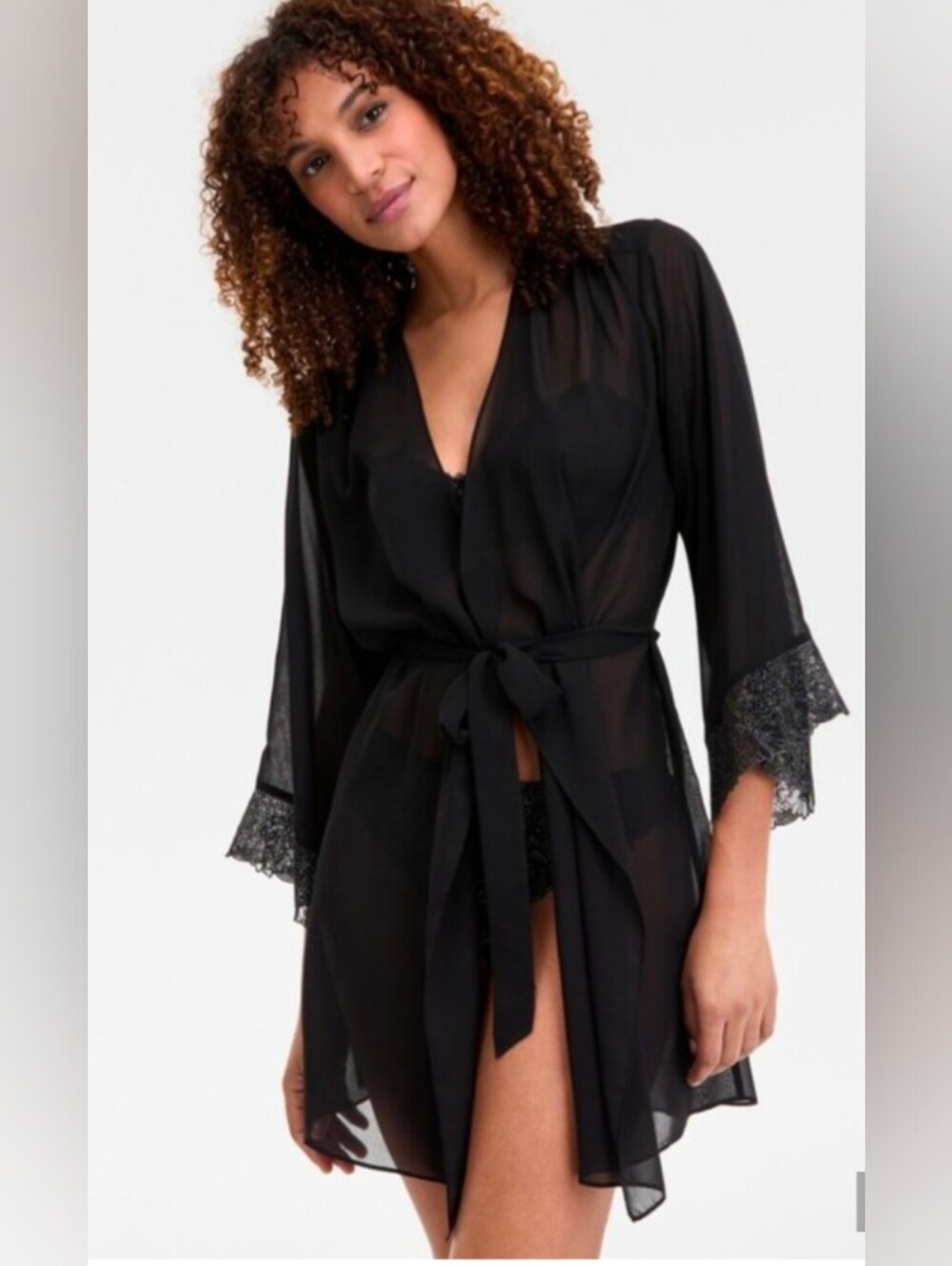 Black Sheer Lace-Trim Chiffon Wrap Robe